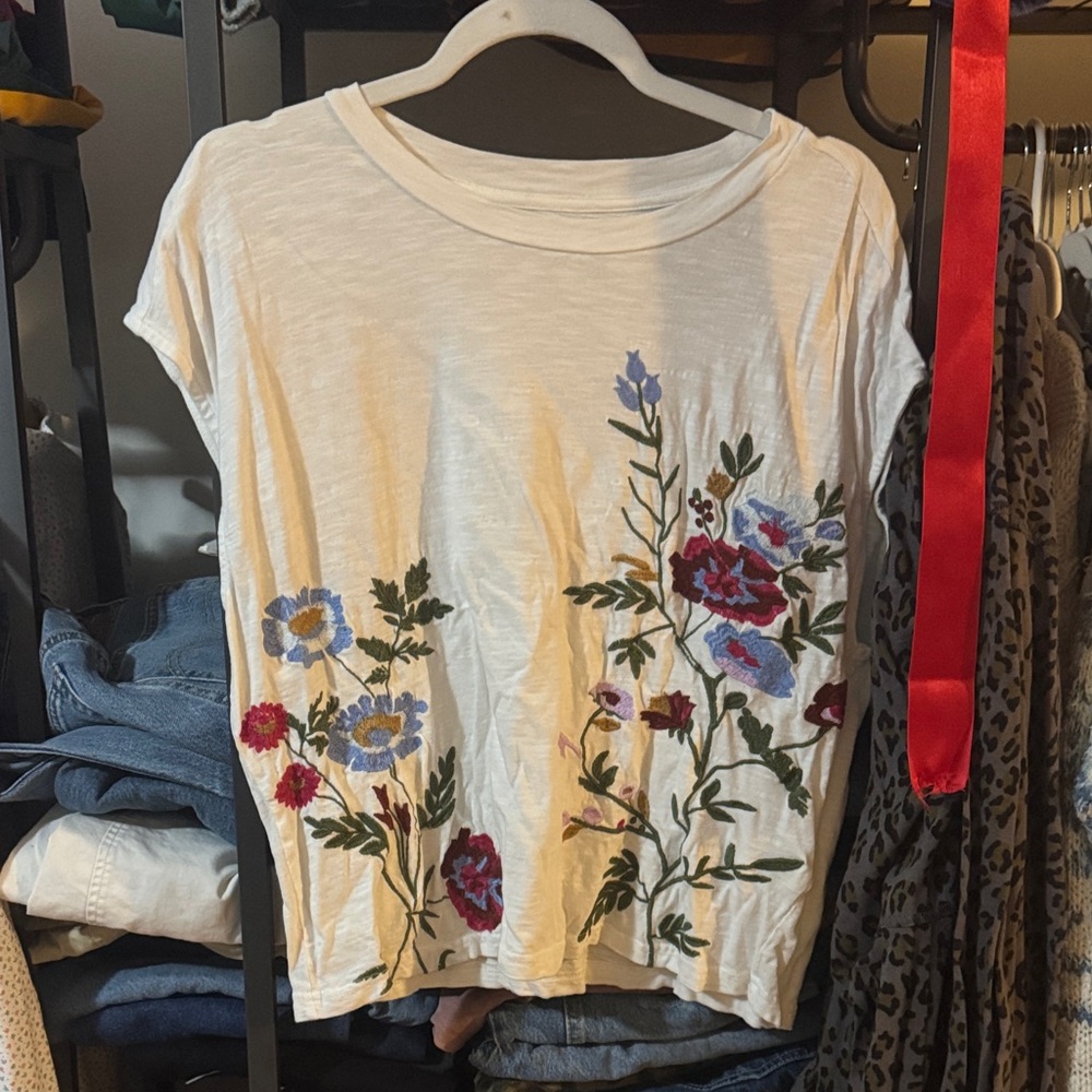 Anthropologie White Tee with Floral Embroidery